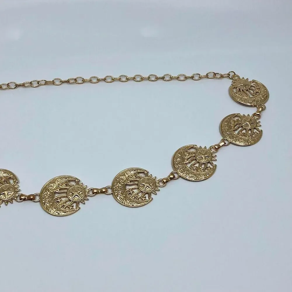 Vintage Y2K Celestial Gold Sun and Moon Chain Belt, Up to 40 Inches, X7GA1147